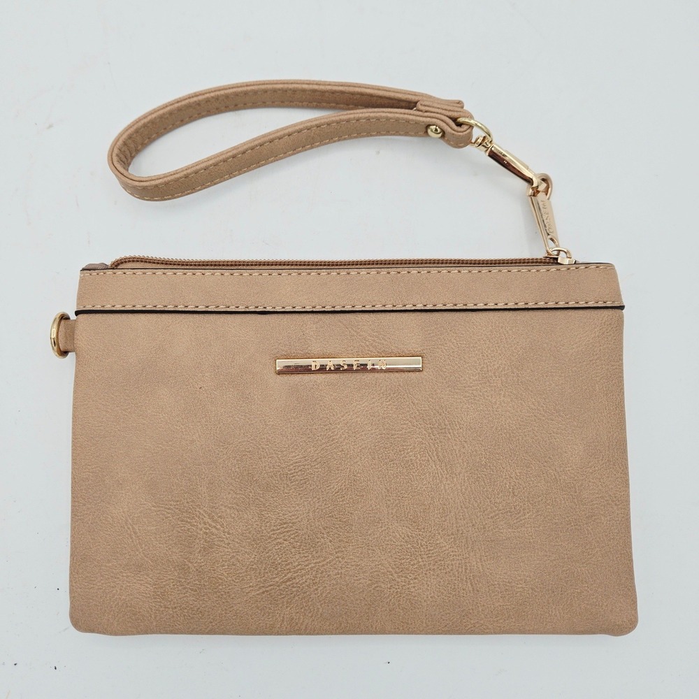 Dasein Wristlet Clutch Tan Faux Leather Gold Tone Logo Zipper Pouch